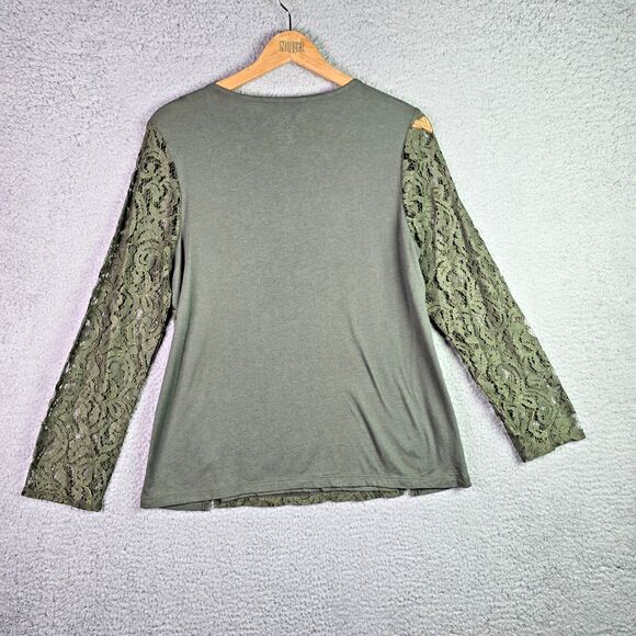 Chicos Olive Green Lace Overlay Knit Top M Long Sleeve Scoop Neck Side Slits - Picture 2 of 6